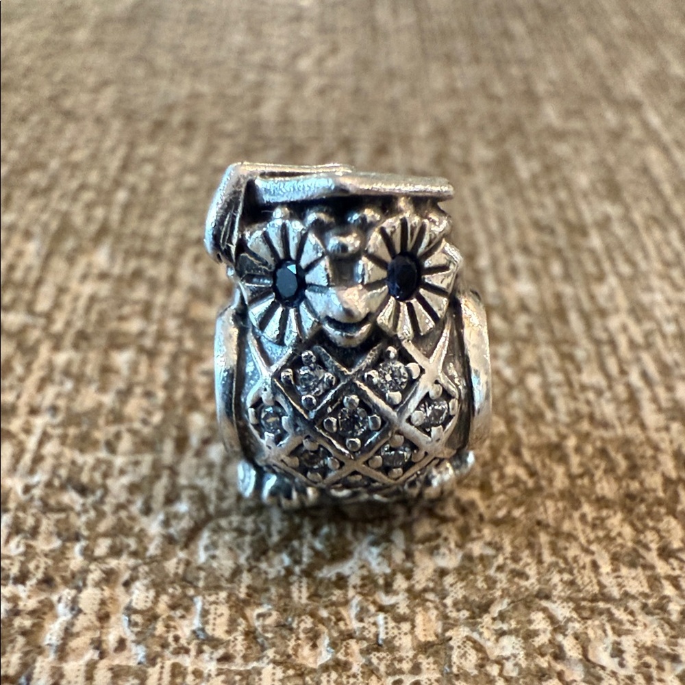 Pandora Intricate Silver Owl Charm with Blue and Clear Crystals